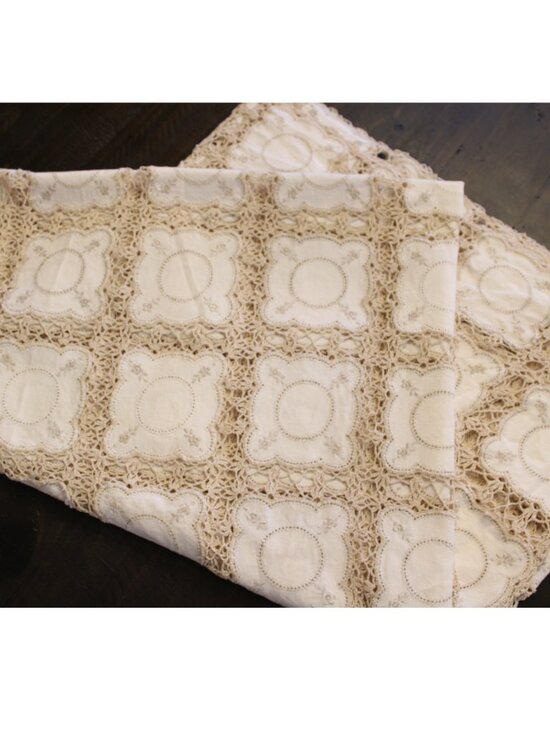 Antique Tablecloth Hand Embroidered granny Squares Linen Crochet Victorian Lace - Picture 9 of 9